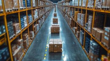 Rows of shelves filled with stacked pallets and boxes create an organized and efficient environment for logistics and distribution. The facility emphasizes automation and mobility in operations. photo