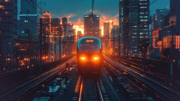 High speed train approaches in an urban setting during sunset, showcasing advanced infrastructure and automated transport networks. City skyline illuminated by evening lights enhances the modern vibe. photo