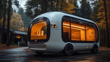 An autonomous delivery vehicle operates in a forested urban environment, showcasing advanced technology. The sleek design is illuminated, highlighting the innovative features and functionality. photo