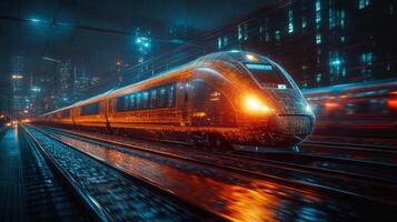 A sleek autonomous smarttrain navigates through a technologically advanced city with neon lights reflecting on wet tracks, showcasing the future of transportation and automation. photo