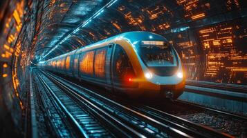 A smarttrain travels through a vibrant tunnel illuminated by dynamic lights, showcasing advanced technology in logistics and automation to improve transportation efficiency. photo