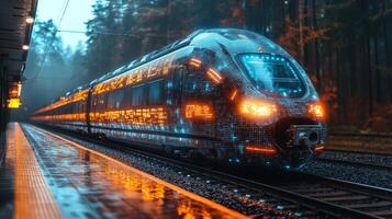 A futuristic smarttrain with glowing elements is arriving at a station during a rainy evening, reflecting advancements in AI and autonomous mobility within infrastructure. photo