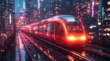 Autonomous train travels along elevated tracks in a vibrant urban setting, reflecting bright neon lights in the rain. The scene captures the essence of modern mobility and smart infrastructure. photo