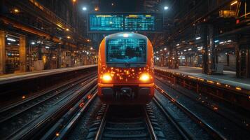 An autonomous train stands ready at a bustling transportation hub, illuminated by overhead lights and displaying real time travel information, signifying advancements in mobility and control systems. photo