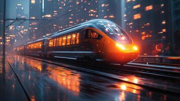 A smarttrain travels swiftly along the tracks in a bustling city during a rainstorm. The vibrant lights of skyscrapers reflect on the wet pavement, creating a dynamic atmosphere. photo