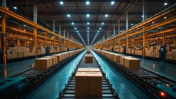 Automated systems transport neatly arranged boxes along tracks in a spacious logistics center. Bright lights illuminate the organized warehouse, enhancing efficiency in fulfillment activities. photo
