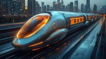 A sleek smarttrain equipped with cutting edge automation and AI technology stands ready on the tracks, illuminated against a backdrop of towering skyscrapers at dusk. photo