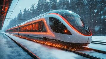A futuristic smart train is seen gliding along snowy tracks, highlighting automation and advanced infrastructure in modern transportation systems during winter weather. photo