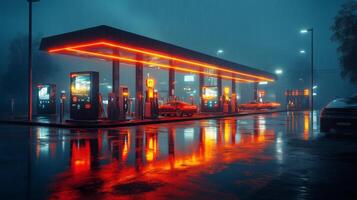Modern electric vehicle charging station illuminated by vibrant lights during nighttime, showcasing infrastructure designed for renewable energy and mobility solutions. photo