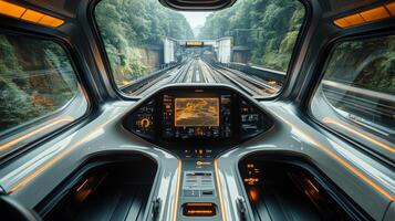 The advanced control system displays key information as the autonomous train travels through a lush green landscape, showcasing automation in transportation and smart mobility solutions. photo