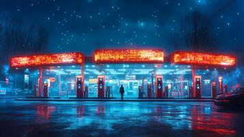 A modern mobility hub illuminated by vibrant neon lights hosts multiple automated charging stations for electric vehicles at night, highlighting innovations in transportation and electrification. photo