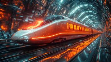 A modern autonomous train moves swiftly through a high tech tunnel, illuminated by vibrant lights, highlighting the fusion of transportation and advanced technology in an innovative environment. photo