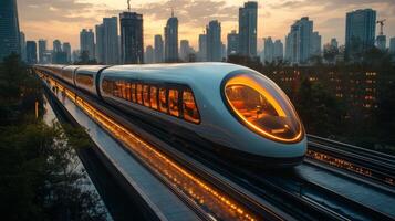 An innovative smarttrain glides above the urban landscape as skyscrapers stand tall amidst a vibrant sunset, showcasing advanced technology and automated transportation solutions. photo