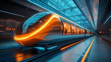 A sleek smarttrain awaits departure in a high tech transportation terminal designed for efficiency and automation, showcasing vibrant lighting and a focus on modern infrastructure solutions. photo