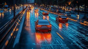 Autonomous vehicles navigate through a rain soaked urban environment on smart roads. The scene highlights advanced connectivity and automation with digital overlays representing data flow. photo