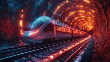 Futuristic smarttrain travels through a glowing tunnel, showcasing cutting edge transportation technology and automation designed for enhanced mobility and efficiency in logistics. photo