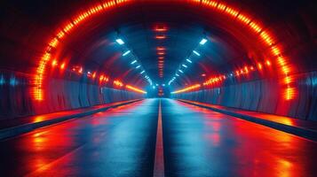 A modern tunnel equipped with advanced lighting technology creates a vibrant atmosphere, supporting automated transportation systems and improving road safety for all vehicles. photo