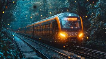 A smarttrain moves smoothly along the tracks in a tranquil forest setting during twilight. The scenery highlights the blend of nature and technology in modern infrastructure. photo