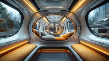 A modern train interior showcases sleek, spacious seating areas with ambient lighting and large windows, highlighting the futuristic design and smart technology integration for enhanced mobility. photo
