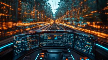 A viewpoint from a control center showcases high tech systems that enhance logistics and transportation, featuring data visualization while navigating a smart rail network. photo