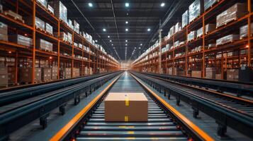 An expansive logistics center features automated conveyor belts transporting packages between rows of shelves filled with inventory, illustrating efficient supply chain operations. photo