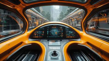 A dynamic perspective from a transport control center highlighting advanced automation and mobility features through a high tech dashboard, set in an urban landscape with sleek, modern trains. photo