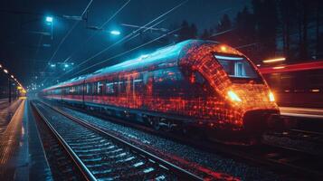 A smart train with digital features travels at night, showcasing advancements in automation and AI in transportation, while illuminated lights create a vibrant atmosphere. photo