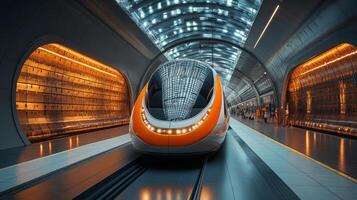 High tech smarttrain positioned at a modern transportation hub with sleek architecture, demonstrating cutting edge automation and infrastructure designed for efficient urban mobility. photo