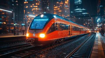 An autonomous train glides through the city at night, showcasing advanced transportation technology amidst stunning urban lighting and infrastructure. photo