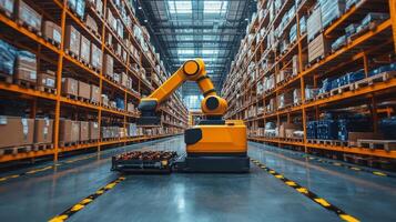 A yellow robotic arm efficiently handles goods in a warehouse filled with rows of shelves. The setting showcases automation in logistics during daytime operations. photo