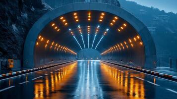 A modern tunnel designed for enhanced mobility features advanced lighting and reflective wet surfaces, emphasizing innovative automation and connectivity solutions for smarter transportation. photo