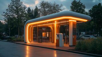 An electric vehicle charging station features sleek design and modern infrastructure, integrating automation and renewable energy sources to support sustainable transportation. photo