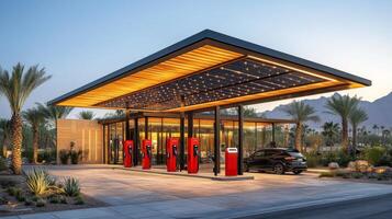 This location features several charging stations with sleek design, equipped for electric vehicles. The setting is illuminated by natural sunlight, surrounded by palm trees and mountains. photo