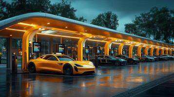 A vibrant electric vehicle charging station showcases sleek cars plugged in, illuminated by warm lighting, emphasizing the shift towards renewable energy and modern infrastructure. photo