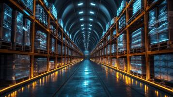 Advanced logistics center features automated systems enhancing mobility and distribution efficiency within a warehouse filled with neatly stacked pallets under dim lights. photo