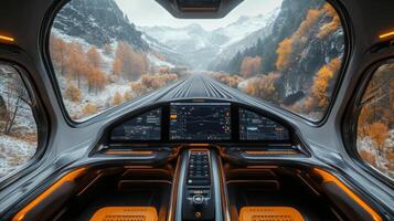 A smart train equipped with an advanced control system travels through picturesque mountains during autumn. The scene highlights the blend of technology and nature in modern transportation. photo