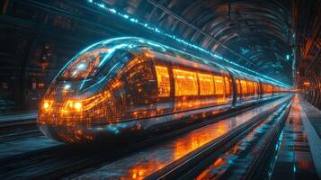 High tech train is illuminated with vibrant lights, demonstrating automation and mobility enhancements in a modern subterranean transit system, emphasizing efficiency and cutting edge design. photo