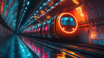 An autonomous train travels through a vibrant urban tunnel, showcasing advanced logistics and automation technologies designed for improved transportation and infrastructure solutions. photo