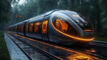 A sleek, futuristic train glides along illuminated tracks surrounded by lush greenery in an urban setting. The innovative design showcases advanced control systems and automation. photo