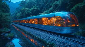 An advanced automated train moves silently along tracks beside a serene river in a vibrant forest during twilight, highlighting innovation in mobility and technology. photo