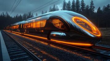 A futuristic smarttrain glows with bright orange lights as it stands on the railway tracks surrounded by dense trees at dusk, emphasizing modern automation in transportation infrastructure. photo