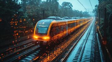 A smarttrain travels along a railway track in a rain soaked environment, emphasizing advancements in automation and mobility. The twilight setting enhances the futuristic atmosphere of the scene. photo