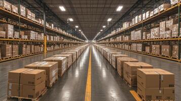 A modern warehouse displays rows of stacked boxes, emphasizing organized logistics and automation in transportation. The setup enhances efficiency in distribution within a spacious facility. photo