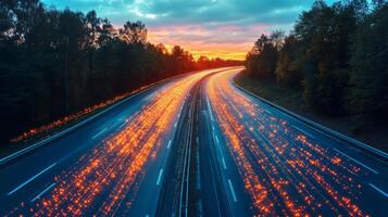 A modern roadway illuminated by flowing vehicle lights during dusk, exemplifying logistics, automation, and V2X connectivity. The serene landscape enhances the scene of mobility. photo