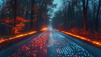 An advanced smart road stretches through a tranquil wooded area, illuminated by vibrant blue and red lights that signify sensor activity, showcasing the future of automated mobility and connectivity. photo
