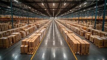 Rows of neatly stacked boxes fill a large warehouse optimized for logistics and distribution. Automated systems enhance efficiency in storage and mobility. photo