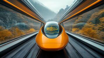 A futuristic train glides smoothly along sleek tracks in a stunning mountain setting, showcasing cutting edge automation and mobility features essential for modern logistics. photo