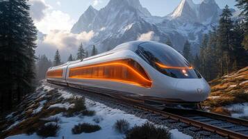 A futuristic autonomous train, featuring sleek design and orange accents, glides along railway tracks set against picturesque mountains and dense evergreen trees during dawn. photo