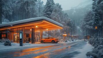 An electric vehicle station stands in a snowy forested area, featuring warm lighting and charging stations. An orange vehicle waits for charging during the winter weather. photo