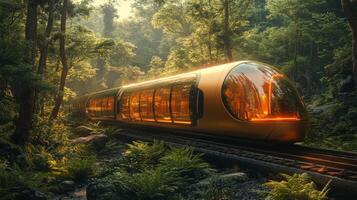 A futuristic smarttrain travels smoothly along railway tracks, illuminated by soft glowing lights, set amidst dense greenery and towering trees, exemplifying innovation in transportation. photo